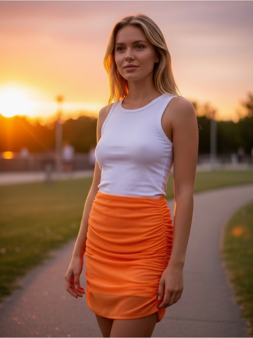 Aritzia Babaton Luxor Ruched Mesh Mini Skirt in Papaya Orange Size 8
